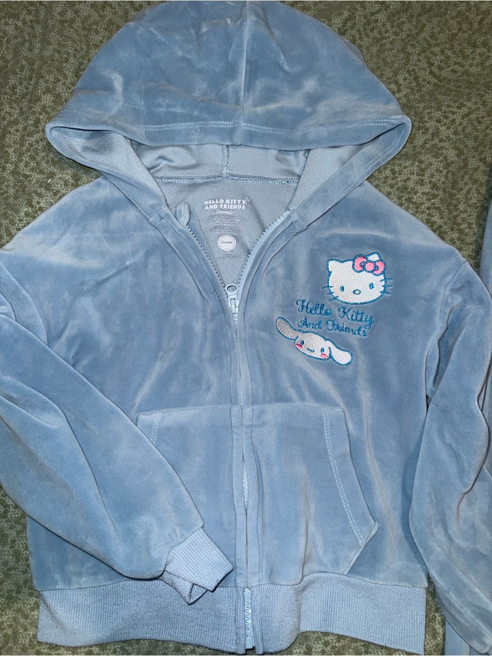 Hello Kitty Light Blue Plush Zip-Up Hoodie with Embroidered Characters